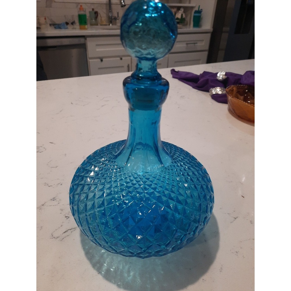 Vintage Empoli Blue Diamond Point Genie Bottle With Stopper And 3 Shot Glasses - Picture 2 of 9